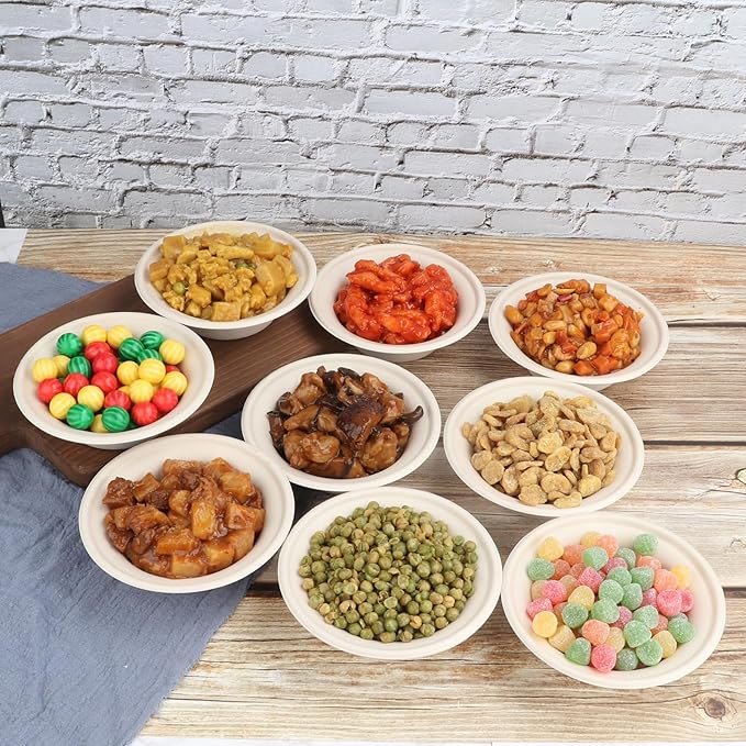 12 oz Round Disposable salad bowls with lids, Sugarcane Fiber Paper Bowls Plant Fibers Freezer Safe 50 Pack