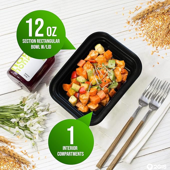 Single Compartment Meal Prep 50 Pack - 12oz Container with Airtight Lid – Freezer, Microwave & Dishwasher Safe – Stackable – BPA Free – Meal Prep Storage Container (Black)