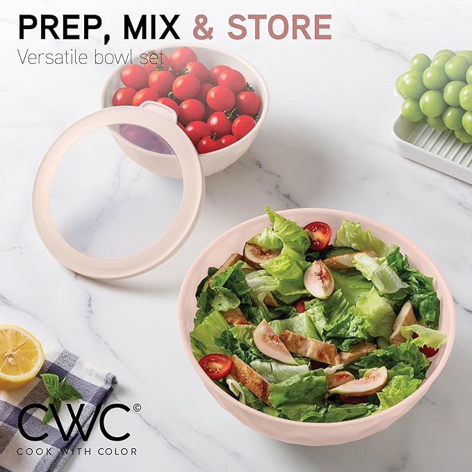 COOK WITH COLOR Mixing Bowls with Lids - 12 Piece Plastic Nesting Bowls Set includes 6 Prep Bowls and 6 Lids, Non Slip Bottom and Diamond Design - Microwave Safe (Mint)
