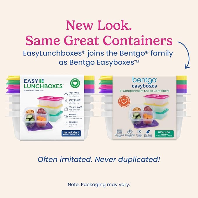 Bentgo Easyboxes 4-Compartment Snack Containers - 8-Piece Set with 4 Trays & 4 Custom-Fit Lids to Seal in Freshness - Reusable Food Storage & Meal Prep Bento BPA-Free Containers (Brights)