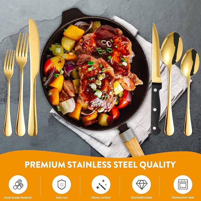 48 pcs Gold Silverware Set with Organizer, Stainless Steel Flatware with Steak Knife for 8, KITWARE Utensil Cutlery with Metal Tray, Home Kitchen Knife Fork Spoon, Mirror Polished