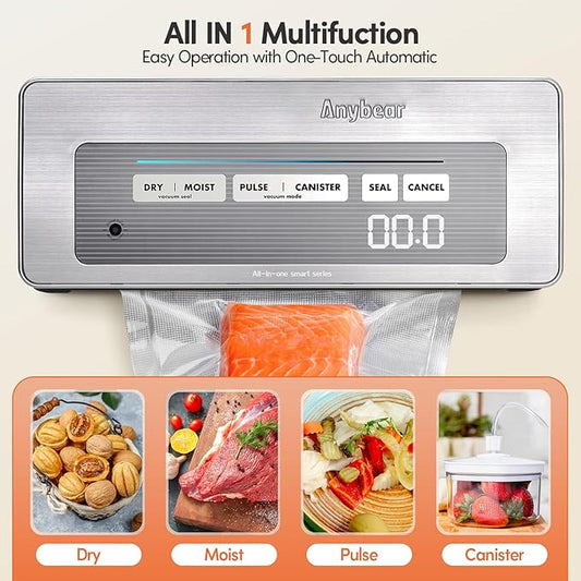 Vacuum Sealer Machine, 90Kpa Powerful Vacuum Sealer Machine for Food Storage, Multi-Functional Food Sealer with Vacuum Bags & 2 Roll Bags Build-in Cutter-Digital Countdown Display (Silver)