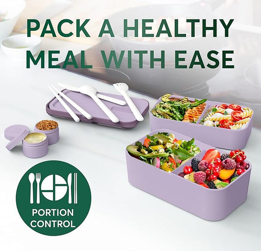 Umami Lunch Box Containers w/ 4 Utensils, 2 Sauce Jars, Nestable Space-Saving Bento Box Adult, 100% Leakproof, Microwavable Lunch Containers for Adults, Design Award Winner, Lavender Purple, 50 oz