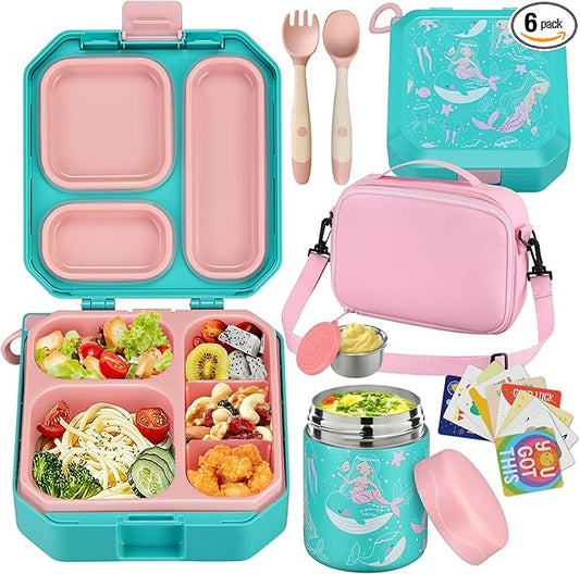 Bento Lunch Box for Kids with 12oz Soup Thermo Leak-Proof Lunch Food Container with 5 Compartment Thermo Hot Food Jar and Insulated Lunch Bag for Kid Toddler Girls Boys to School