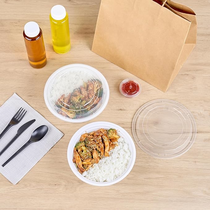 Restaurantware Asporto 32 Ounce To Go Boxes 100 Microwavable Take Out Food Containers - Clear Plastic Lids Included Do Not Contain BPA White Plastic Catering Food Containers Disposable Round