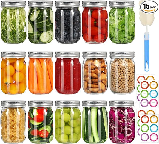 Mason Jars 16 oz with Sliver Lids, 15 Pack Canning Jars, Clear Regular Mouth Glass Jars for Canning and Fermenting, Labels & Brusher Included - Microwave & Dishwasher Safe
