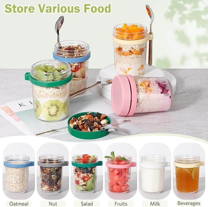 Overnight Oats Jars with Spoons - 16 Oz Glass Jars with Lids - 6pack Yogurt Containers for Overnight Oats, Meal Prep, Yogurt, Chia Pudding, Salad, Fruit