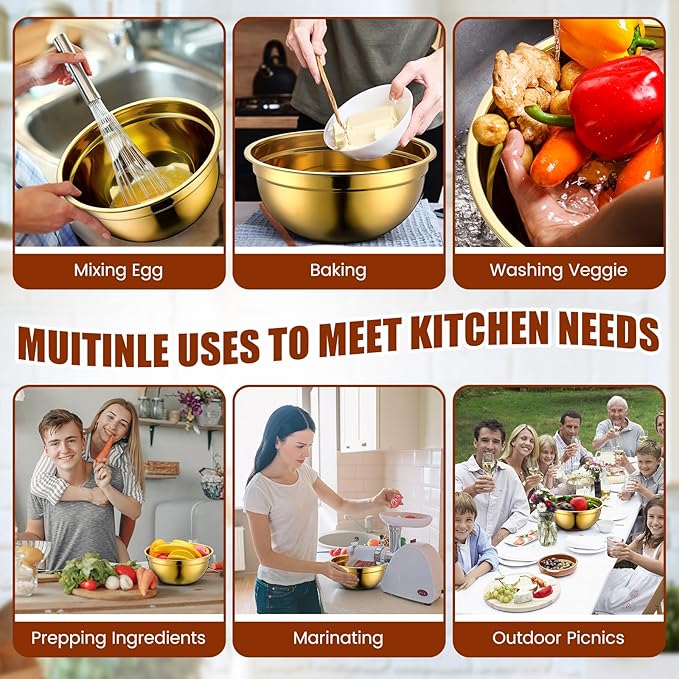 Gold Mixing Bowls with Airtight Lids Stainless Steel Mixing Bowl Set of 5, 4 Metal Nesting Organizers 4 in 1 Colander Non-slip Bottom Size 1.5, 2.0, 2.5, 4.0 Qt for Baking Serving Food