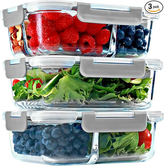 FIT Strong & Healthy Meal Prep Containers Glass, 1 & 2 & 3 Compartments – Portion Control Bento Box Adult, Glass Lunch Containers with Lids, Oven & Freezer Safe Bento Box Glass, 35 oz, Gray, 3 Pack