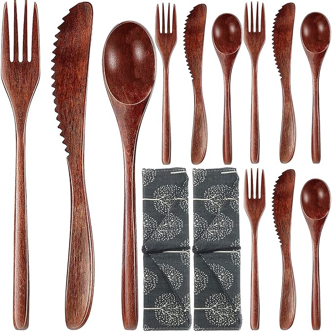 Portable Wood Flatware Set for Eating Lunch Utensils Silverware Set Wooden Cutlery Set eating utensil sets wooden Reusable Wood Utensils for Eating 13 Pcs Travel Wooden Spoons Forks with Case