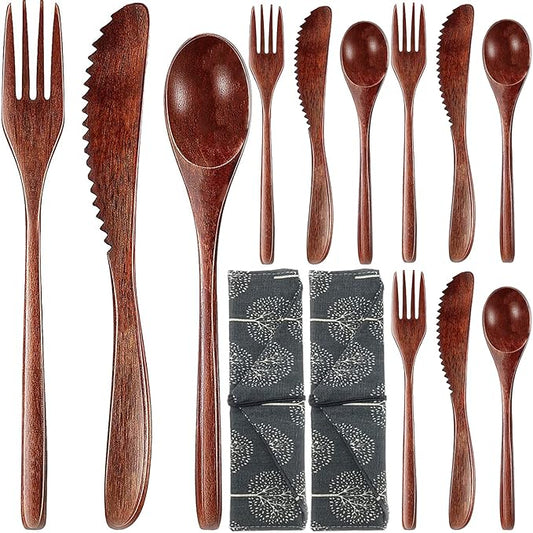 Portable Wood Flatware Set for Eating Lunch Utensils Silverware Set Wooden Cutlery Set eating utensil sets wooden Reusable Wood Utensils for Eating 13 Pcs Travel Wooden Spoons Forks with Case