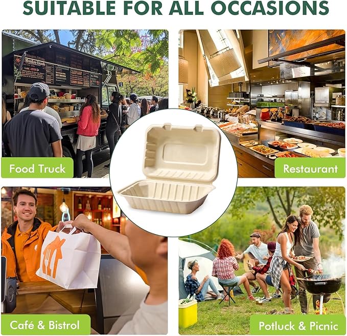 [8X8", 50-Pack] 100% Compostable Clamshell Food Containers for Takeout - Heavy-Duty Quality Assurance Crafted from Natural Disposable Bagasse of Sugar Cane Fibers, Truly Eco-Friendly& Biodegradable.
