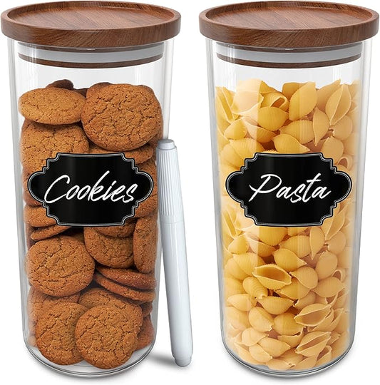 Glass Jars with Wood Lids Set of (2) 48 fl oz Airtight and Stackable Storage Containers for the Kitchen or Pantry Canister Wooden Acacia Lid holds Food Cookies Coffee Pasta
