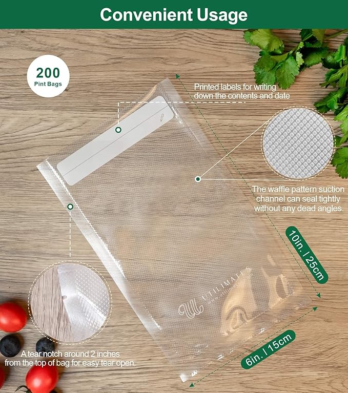 Pint Vacuum Sealer Bags for Food, 200 6x10 Inch, Preprinted Label, BPA-free Heavy Duty Small Food Saver Bags, Ideal for Sous Vide Bags, Freezer, Seal a Meal