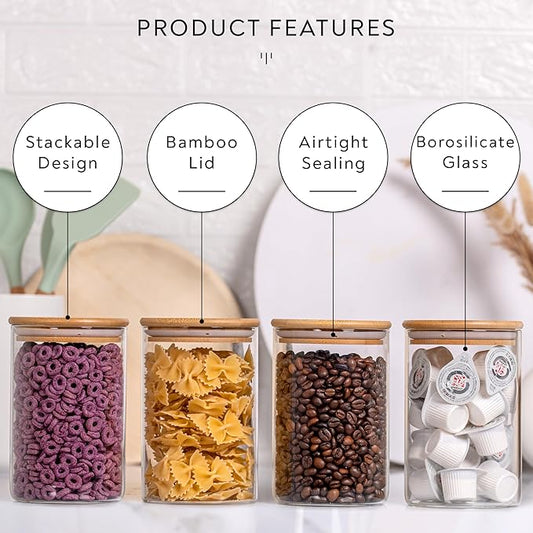 Laramaid Glass Jar Set (2x22oz/2x35oz/2x45oz) Set of 6 with 160 Minimalist Pantry Labels, Round Canister Jars with Bamboo Lids and Transparent Customized Sticker Labels, Food Storage Containers