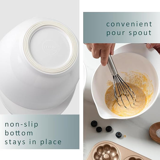LEHAHA Melamine Mixing Bowls with Pour Spout, set of 3, Non-Slip Nesting Design, Nesting Salad Serving Bowl with large handle for Prepping, Baking, Cooking, Kitchen Cooking and Baking Supplies, White