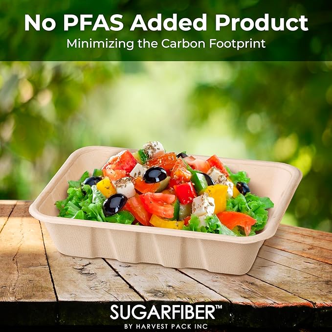 [100 COUNT]Harvest Pack 22 oz PFAS FREE Disposable Food Trays with Dome Lids, Compostable Disposable Food Container Bagasse Serving Trays, Rectangle, Made from Sugarcane Eco-Friendly Plant Fibers