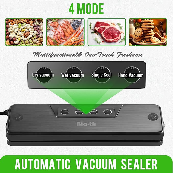 Bio-th Vacuum Sealer for Food Storage, Food Saver Vacuum Sealer Machine, Fast & Compact Vacuum Sealer for Food, Multi-Functional with Dry & Wet Modes, Includes 15pcs Big Size Bags (25x30cm)