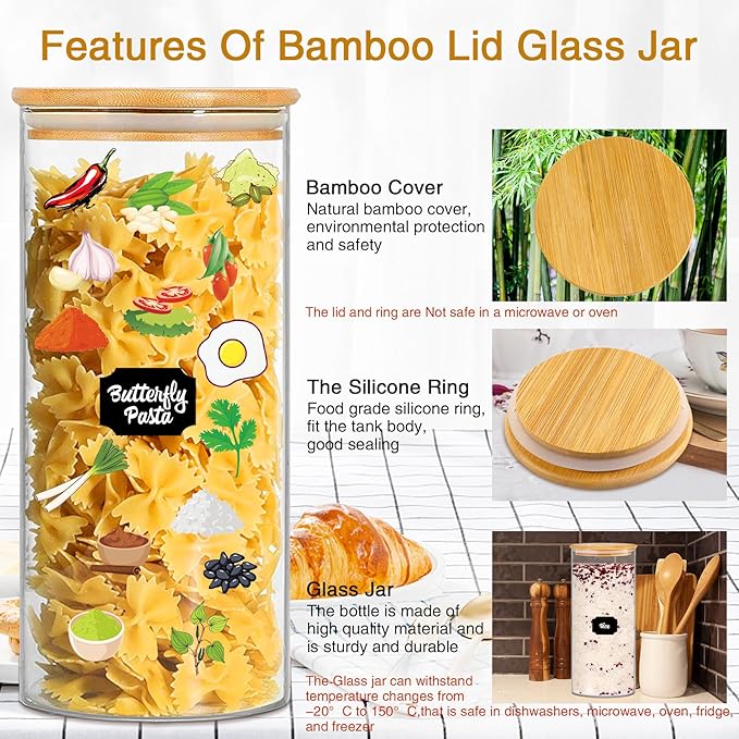 Glass Jars with Bamboo Lids, 58 oz 3 Pcs Kitchen Glass Containers with Bamboo Lids, Airtight Glass Pantry Storage Containers with Lids for Rice, Flour, Nuts, Cookie, Pasta, Oatmeal, Bean