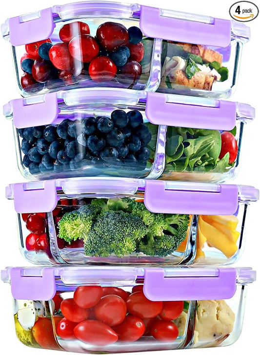 FIT Strong & Healthy 2 & 3 Compartment Glass Meal Prep Containers – Glass Bento Box for Adults, Portion Control, Food Storage, Lunch Container, Oven & Freezer Safe, Leak-Proof, 32 oz, Lavender, 4 Pack