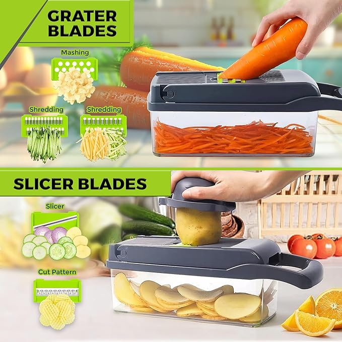 Fourteen Homes Vegetable Chopper with Container - Cheese Grater - Mandoline Slicer for Veggies, Onions, Fruit, Potatoes - Salad Slicer -14 in 1 Veggie Chopper