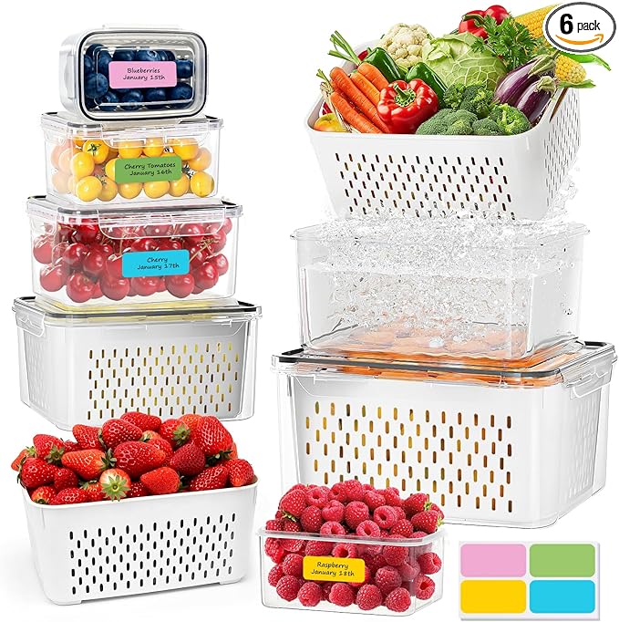 6 Pcs Large Fruit Containers for Fridge, Airtight Food Storage Containers with Removable Colander, Dishwasher and Microwave Safe, Berry Produce Container Keep Fruits, Vegetables, Meat Fresh Longer