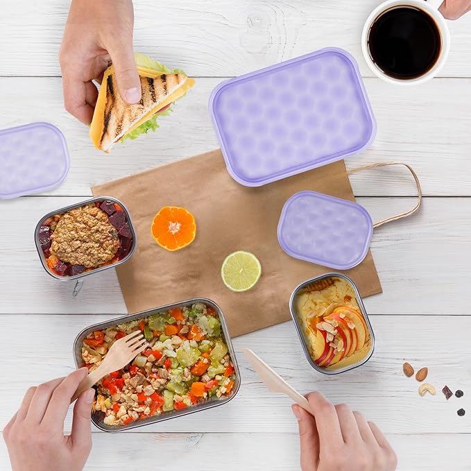Small Stainless Steel Lunch Containers for Kids | Leak Proof BPA Free Snack Containers with 100% Pure Silicone Lids - Perfect Metal Lunch Box with Lids for School and Daycare (25oz+8oz*2)