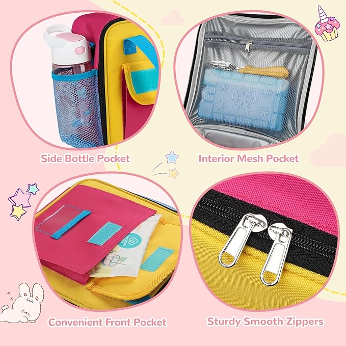 REDSHELL Tactical Lunch Box Kids, Large Insulated Lunch Bag for Girls, Cooler Lunchbag, Square Toddler Lunchbox, School Daycare Lunch Tote Pail with Water Bottle Holder Shoulder Strap, Pink Blue