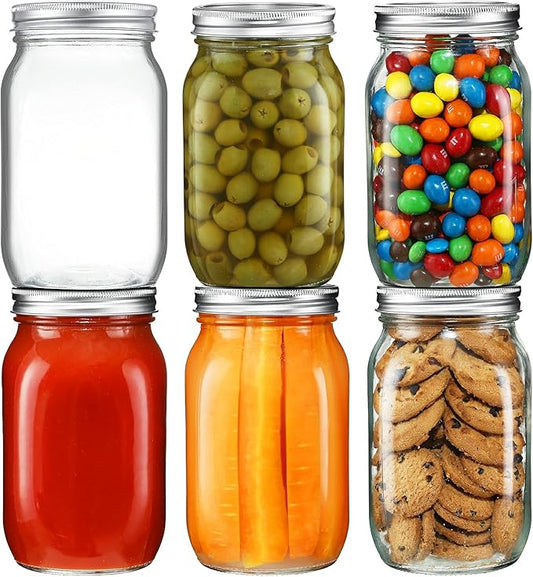 YEBODA 6 Pack Wide Mouth Mason Jars 32oz Glass Canning Jars with Airtight Lids and Bands for Preserving, Jam, Honey, Jelly, Wedding Favors, Sauces, Meal Prep, Overnight Oats, Salad, Yogurt