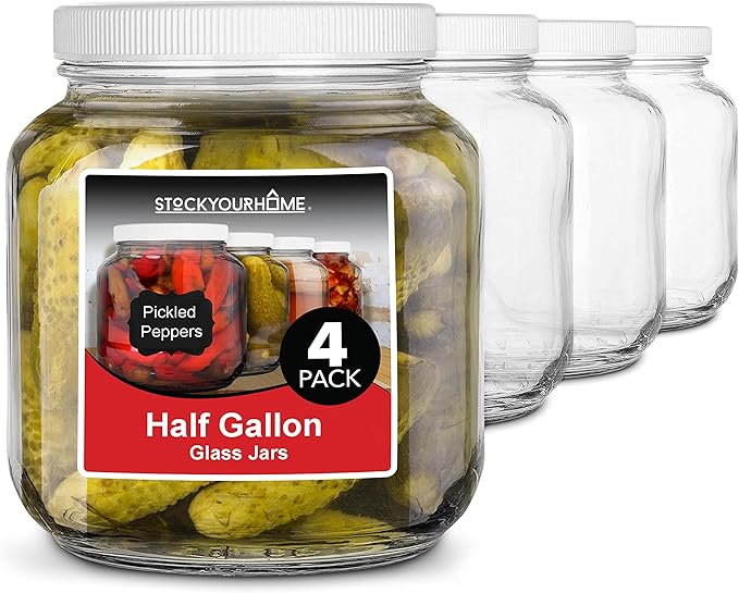 Stock Your Home 64 Oz Glass Jar with Plastic Airtight Lid (4 Pack) - Half Gallon Mason Jar for pickling, fermentation, brewing, food storage