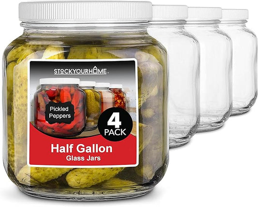 Stock Your Home 64 Oz Glass Jar with Plastic Airtight Lid (4 Pack) - Half Gallon Mason Jar for pickling, fermentation, brewing, food storage
