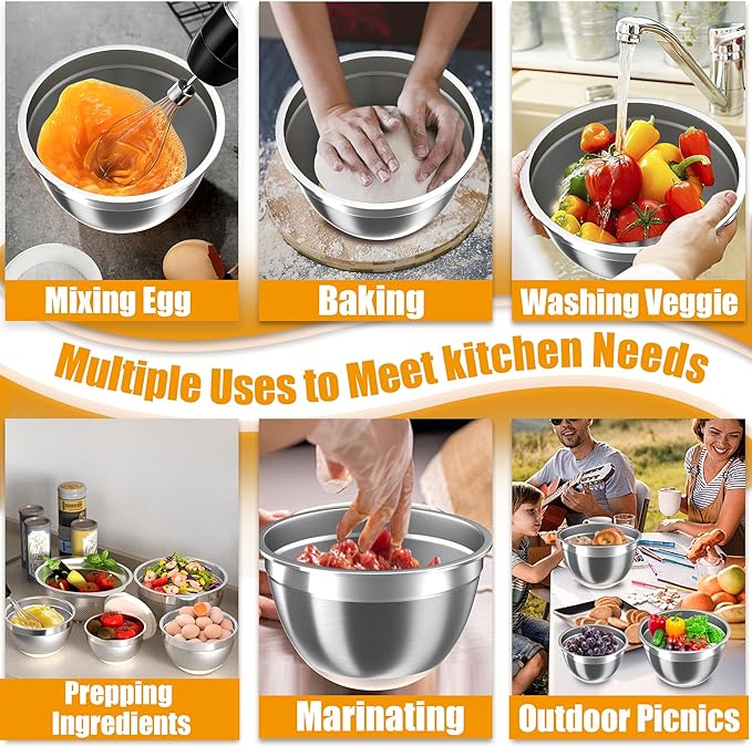 Mixing Bowls with Airtight Lids Set, 4 Stainless Steel Bowls Nesting Bowls & Colander, Kitchen Organizers and Storage Non-Slip Bottom, Size 1.5/2.0/2.5/4.0QT, Great for Mixing & Serving, Khaki