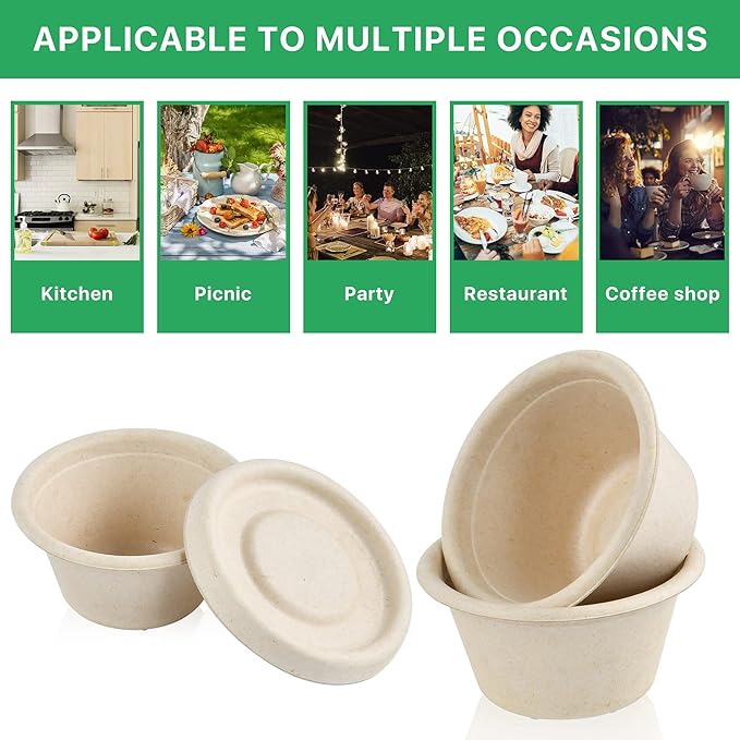 200 Pack 2oz Biodegradable Condiment Cups with Lids, 2 oz Containers with Lids, Small Condiment Cups Sauce Cups for Ketchup Salad Sauce Cheese Buttter