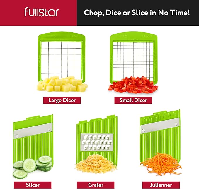 Fullstar All-in-1 Vegetable Chopper and Mandoline Slicer for Kitchen - Cheese Grater, French Fry Cutter, Cheese Slicer - Bonus Handheld Spiralizer Included (6 in 1, Gray/Green)