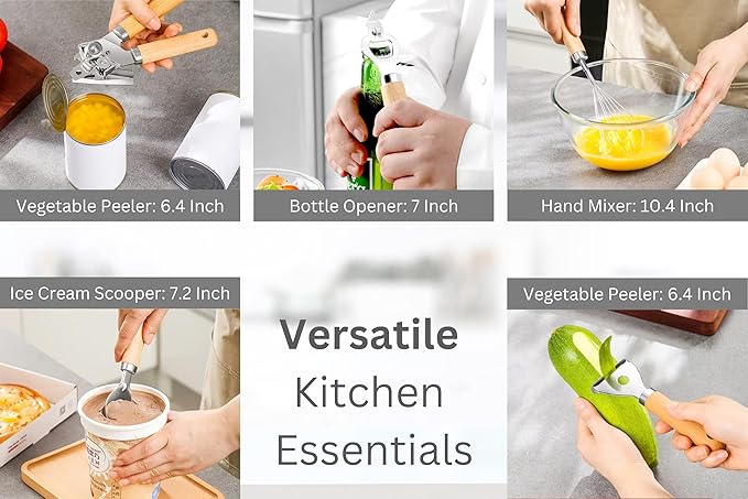 10-Piece Wooden Handle Kitchen Utensils Set, Stainless Steel Cooking Utensils Set, Ergonomic Design, Durable and Comfortable Grip With Knife Sharpener, Garlic Press, Can Opener, Pizza Cutter