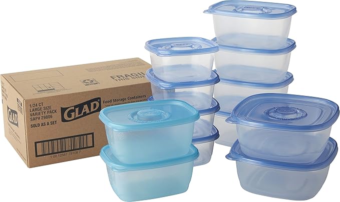 GladWare Food Storage Containers, Family Variety Pack, 24 Count Set | With Glad Lock Tight Seal, BPA Free Containers and Lids in a Variety of Sizes to Hold and Store Food