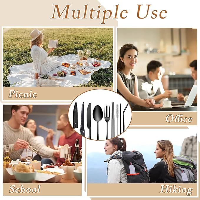 Portable Travel Utensils with Case, 10 PCS Travel Camping Cutlery Set, Reusable Utensils Set for Lunch Box for Office School Picnic