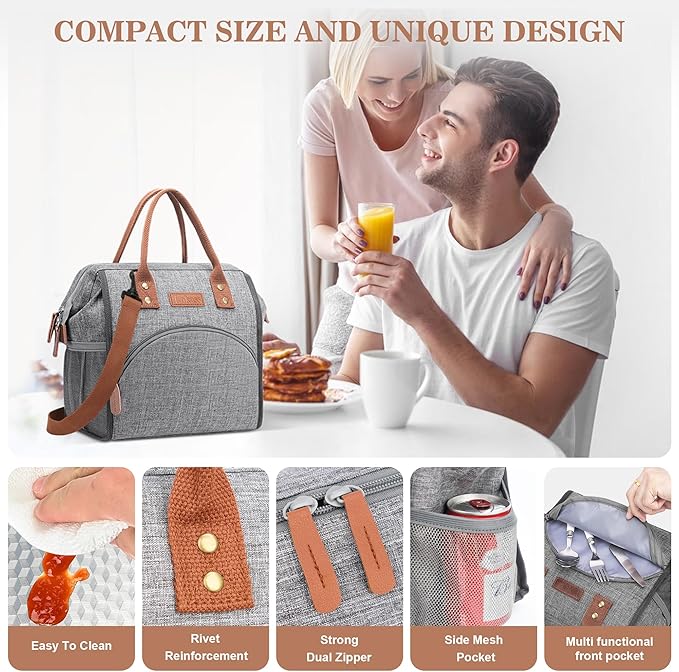 LOKASS Lunch Bag Insulated Lunch Box Wide-Open Lunch Tote Bag Large Drinks Holder Durable Nylon Snacks Organizer with Removable Shoulder Strap for Women Men Adults Work Outdoor,Grey