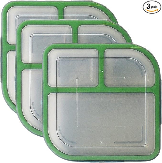 Large To-Go 3-Compartment Food Containers, Pack Of 3, 9-3/8" X 9-3/8" X 2-1/2", Reusable, Microwave Safe, NSF Certified, Smoke/Green