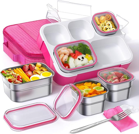 Stainless Steel Bento Lunch Box for Kids Adult - Leakproof BPA-Free School Lunch Container with 5 Compartment and Lunch Bag Set for Toddler Child Bento Box (Pink)