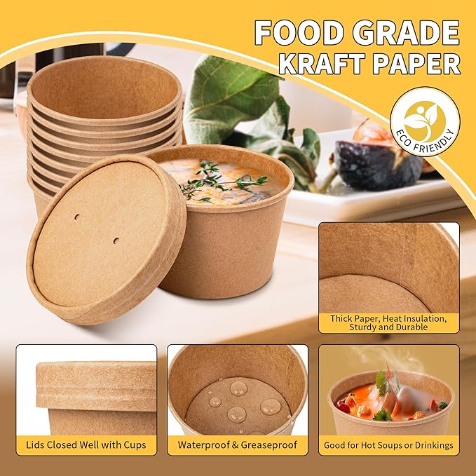 Paper Soup Containers with Lids, 50 Pack Brown Soup Bowls Biodegradable Ice Cream Cups with LidS for Hot Soup or Ice Cream (50 sets, 8 oz)