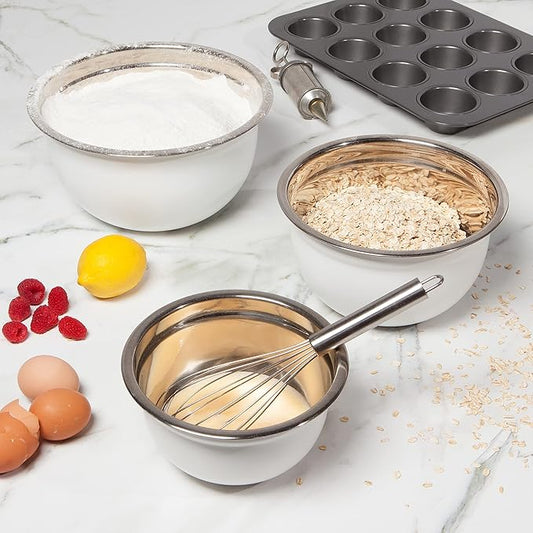Now Designs Matte Coated Steel Mixing Bowls, White, 5 qt, 3 qt, 1.5qt, Set of 3