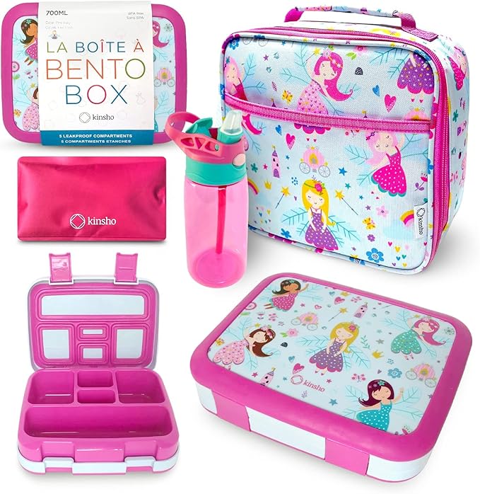 Bento Box, Lunch Bag, Ice Pack Water Bottle Set for Kids - 5 Compartments, Removable Tray, Lunches or Snack Container Girls Toddlers Daycare Pre-School, Kindergarten Pink Purple Fairy Princess