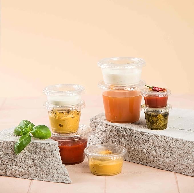 3.25oz Jello Shot Cups with Lids 100 Set, Leakproof & Freezer Safe Plastic Cups for Meal Prep Salad Dessert Condiment Sauce Souffle, Portion Cups for Lunch Party Trips