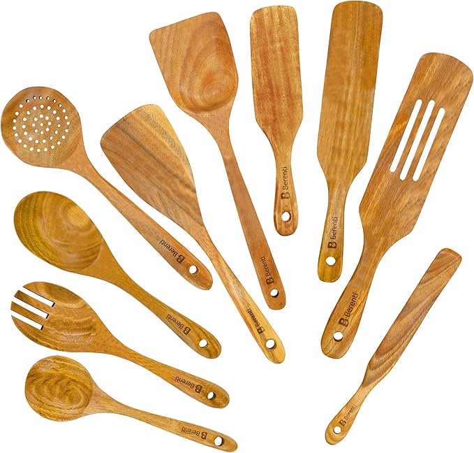 10 Pcs Wooden Spurtle Set - Safe for Nonstick Cookware - Stirs Like a Spoon, Flips Like A Spatula - 100% Natural Acacia Wood Cooking Utensils Set - Spurtles Kitchen Tools Wooden As Seen On TV Paddle
