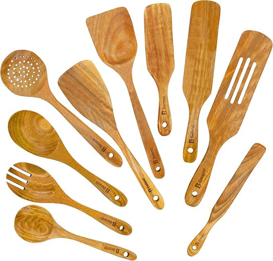 10 Pcs Wooden Spurtle Set - Safe for Nonstick Cookware - Stirs Like a Spoon, Flips Like A Spatula - 100% Natural Acacia Wood Cooking Utensils Set - Spurtles Kitchen Tools Wooden As Seen On TV Paddle