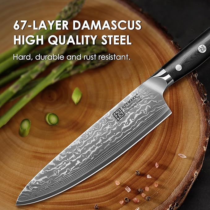 KEEMAKE Damascus Kitchen Knife Set 2 PCS, Ultra Sharp 67 Layer Damascus Steel Chef Knife and Paring Knife, Knives Set for Kitchen with G10 Non-slip Handle for Meat Vegetable Fruit