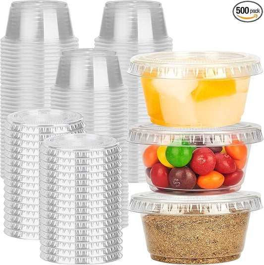 2 oz 500 pack Jello Cups with Lids, Disposable Souffle Cups with Lids, Clear Portion Cups for Dipping Sauce, Salad Dressing, Samples, Meal Prep, and Condiment, Ideal for Lunch, Party to Go, Trips