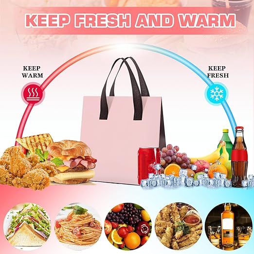 Kacctyen 100 Pcs Insulated Take Out Bags Bulk 9.5 x 6 x 9.5 in Thermal Insulation Food Bag for Coffee, Milk Tea, Hot Cold Food, Delivery Cooler Bag for Catering Restaurant Grocery Picnic(Pink)