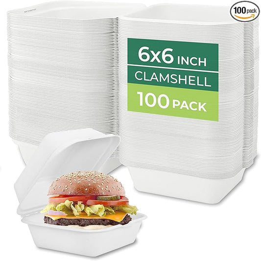 Freshware Clamshell Food Containers with Lids [6x6 100-Pack] Disposable To Go Containers, Biodegradable Sugarcane To Go Boxes - Paper Container - Microwave & Freezer Safe, Stackable